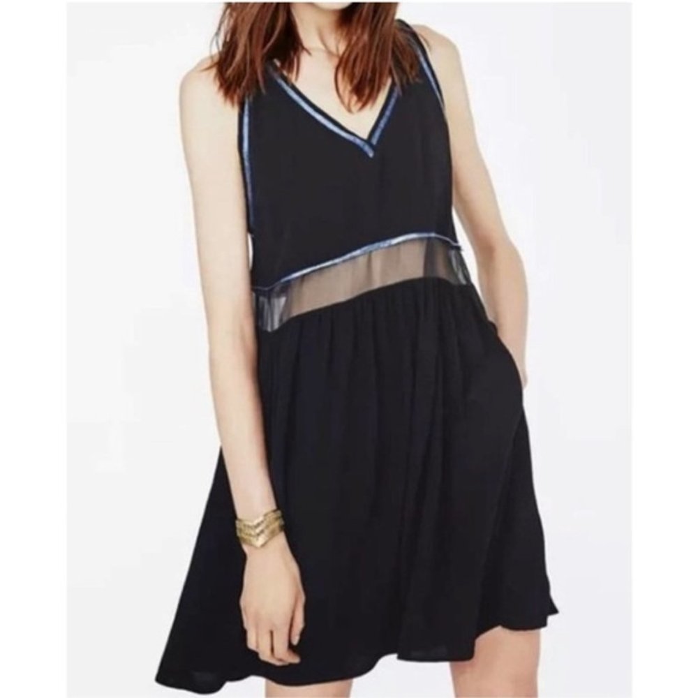 [SOLD] MAJE The Ruben Black & Blue Trim Silk Sleeveless Chiffon Dress Size M